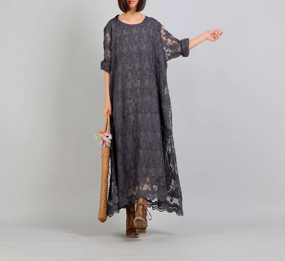 Женское весеннее кружевное платье с вышивкой круглым вырезом в стиле ретро