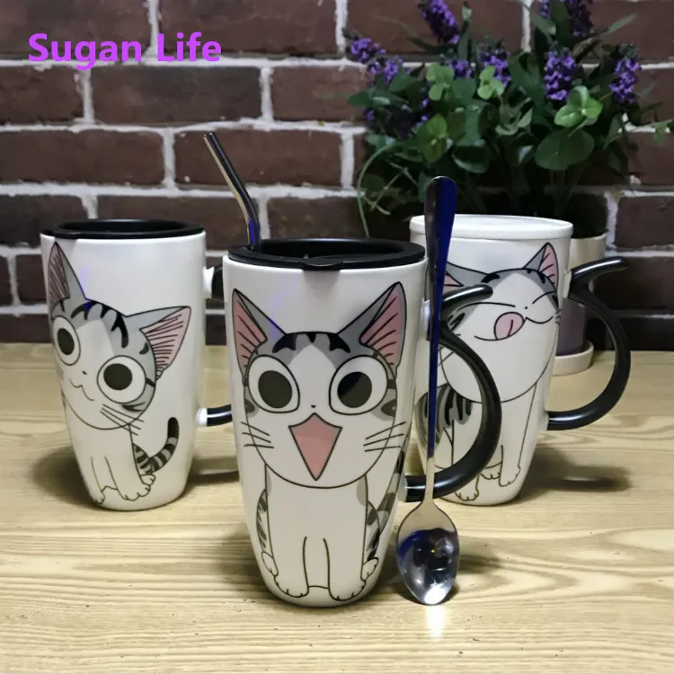 

Sugan Life 600ml Creative Cat Ceramic Mug With Lid and Spoon Cartoon Milk Coffee Tea Cup Porcelain Mugs Nice Gifts Free shipping