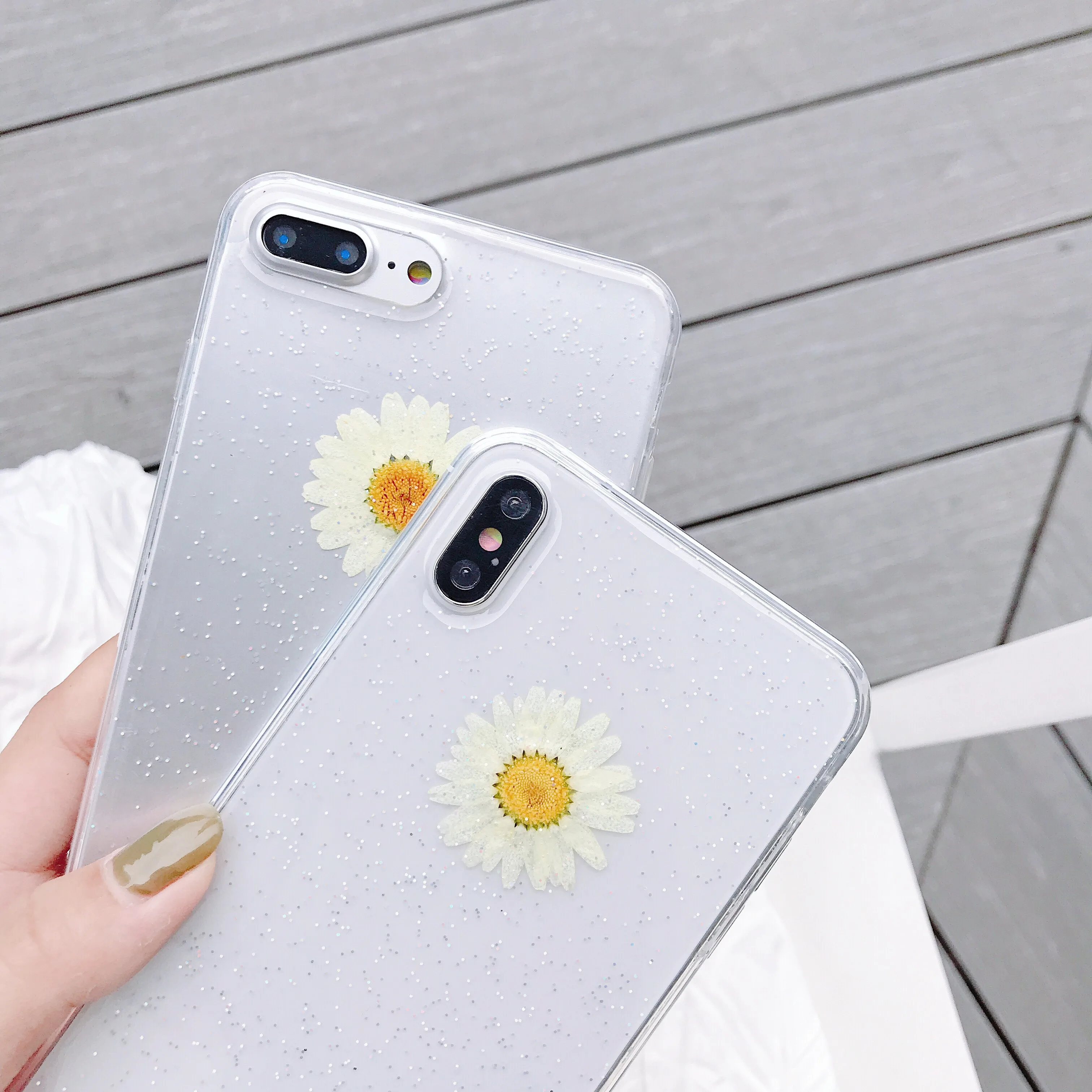 PEIPENG Daisy Real Flower Phone Case For iphone 6 6S 7 8 Plus Handmade Cover for X XS MAX XR Clear Soft Silicone Coque | Мобильные