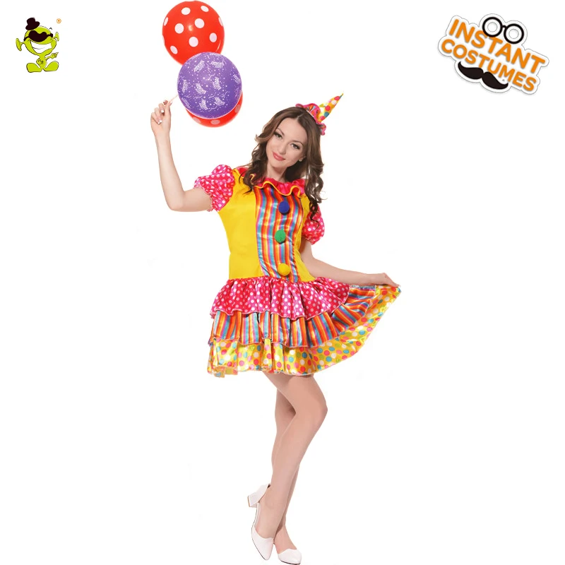 

Women Colorful Pretty Clown Costumes Adult Funny Circus Girl Cosplay Costumes Carnival Party Dress