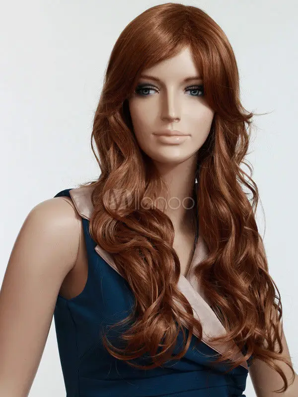 Новый Коричневый Длинные Вьющиеся Стильный женщины Синтетический Парик USPS