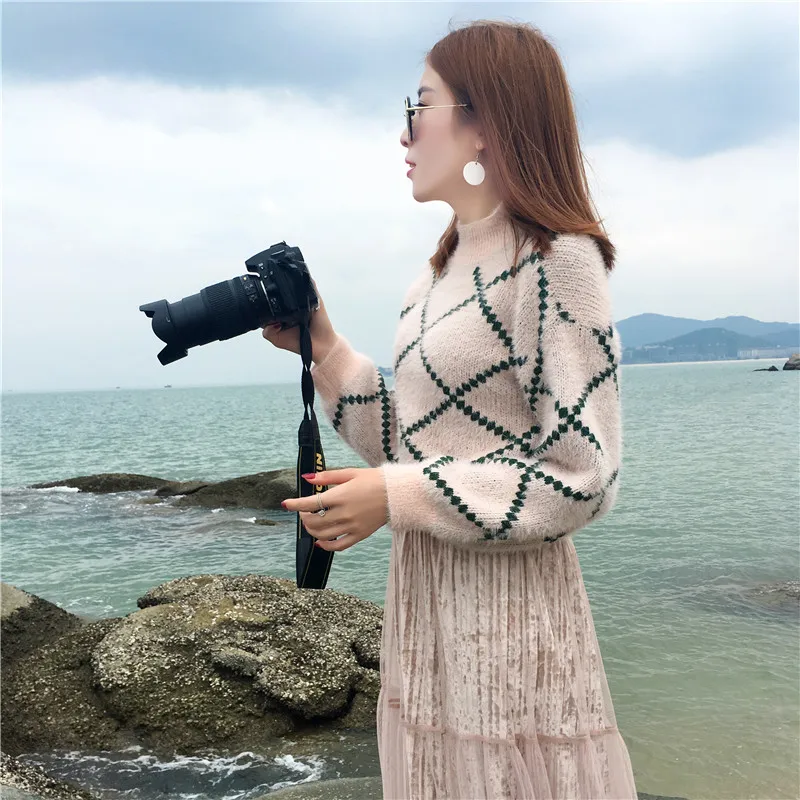 Autumn Winter women Sweaters and pullovers KoreanCAMTY Mohair Warm Full sleeve Jumper Loose Plaid Turtleneck Female | Женская одежда