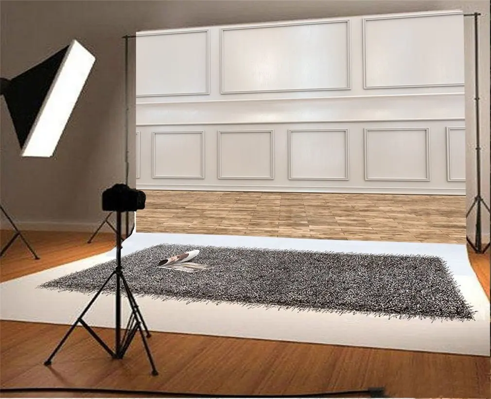 Фон для фотосъемки Интерьер белый резной обои выветрившийся деревянный пол