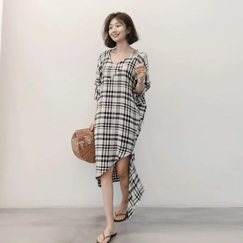 Женское хлопковое свободное платье до середины икры летнее асимметричное с