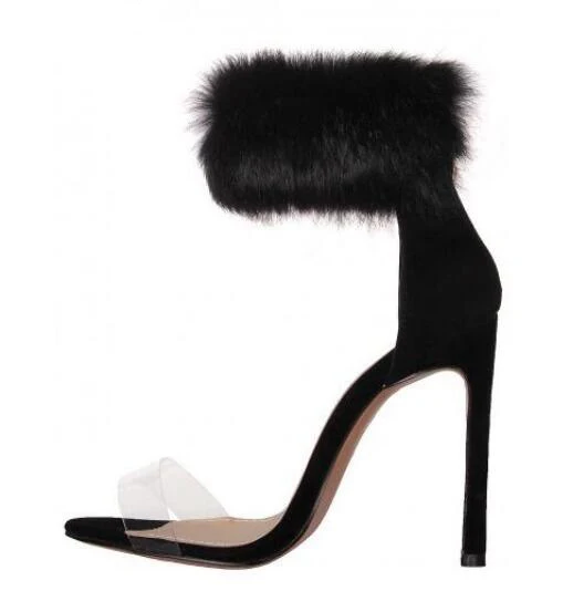 

Sestito Ladies Sexy Fur Embellished PVC Peep Toe Leather Summer Gladiator Sandals Woman Cover High Heels Dress Wedding Shoes