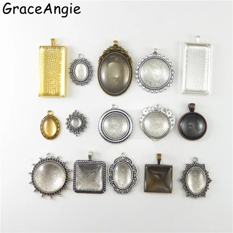 GraceAngie 15 комплектов смешанный подвесной лоток со стеклянными кабошонами основа