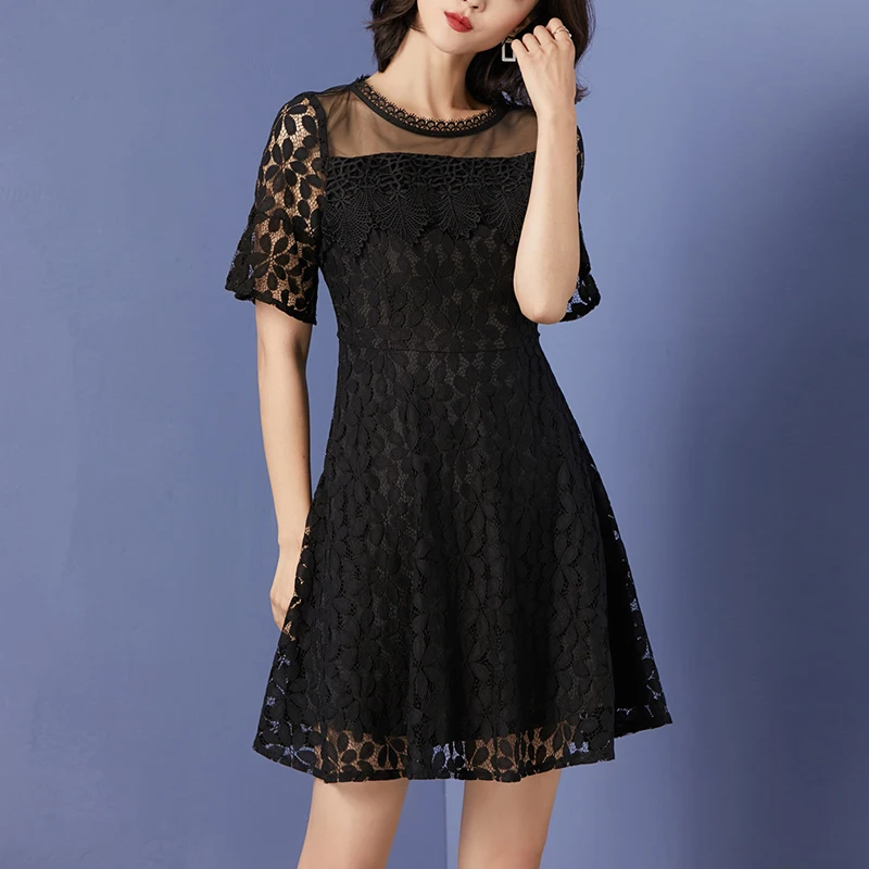 Модные короткие рукава фонарики летнее женское платье 2019 круглый воротник