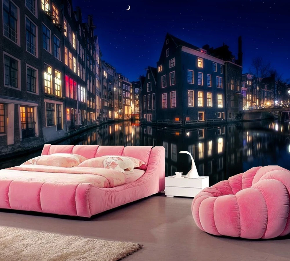 3d обои papel de parede Amsterdam House river city building Настенные для гостиной телевизора дивана