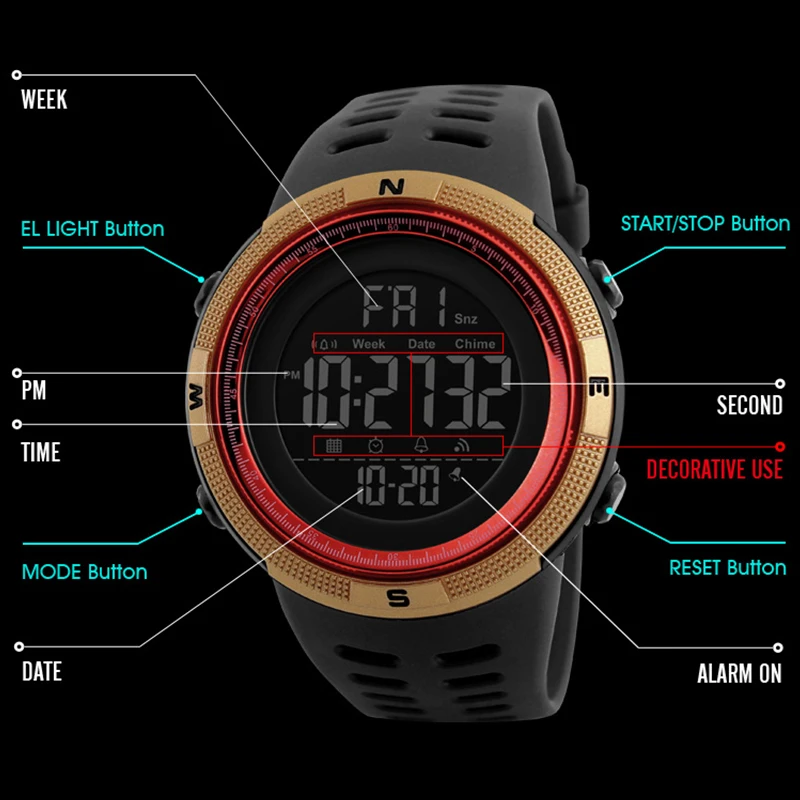 

Brand Men Sports Watches Fashion Chronos Countdown Men's Waterproof LED Digital Watch Man Military Clock Relogio Masculino