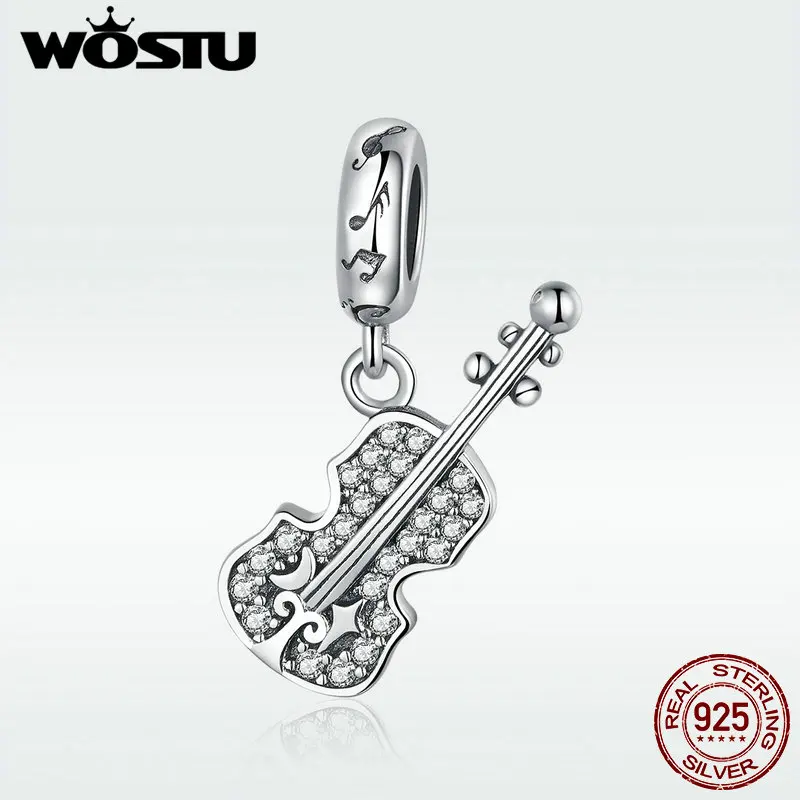 WOSTU Original Real 925 Sterling Silver Violin Guitar Bead Charms Pendant Fit Charm Bracelet Necklace For Women Jewelry FIC1078 | Украшения