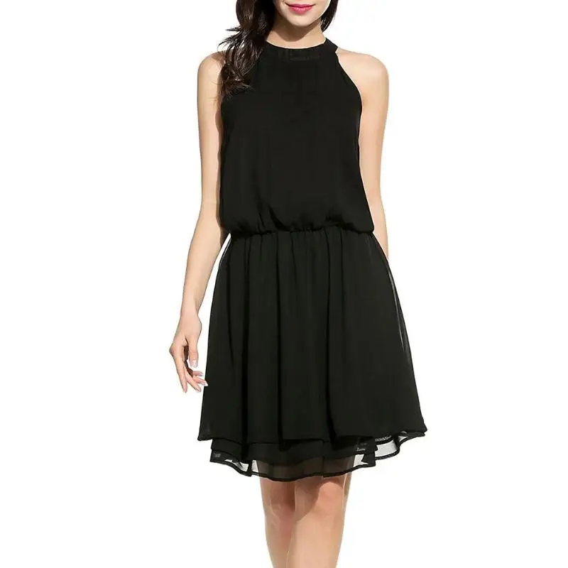 

Ladies Sleeveless Hollowed Ruffle Loose Chiffon Dress Women Solid Color Casual Tunic Round Neck Dress Party evening dating dress