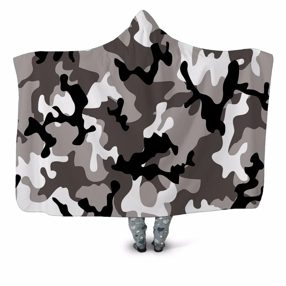 

Gray Camouflage 3D Printed Plush Hooded Blanket for Adult Youth Children Warm Wearable Fleece Throw Blanket Home Office Washable