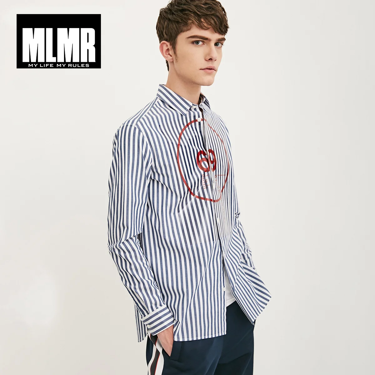MLMR 2019 весна новая мужская хлопковая прозрачная офсетная полосатая рубашка с