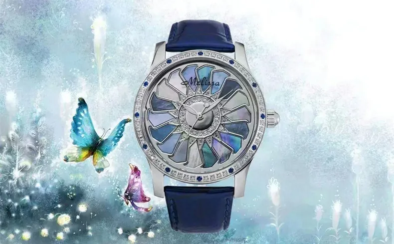 Blue Silver MELISSA, Новое поступление, часы с ветряной мельницей, большие, женские, цветные, в виде ракушки, часы, кварцевые, водонепроницаемые, кожа, Relogio Feminino Montre FS12209 - Цвет: Blue Silver