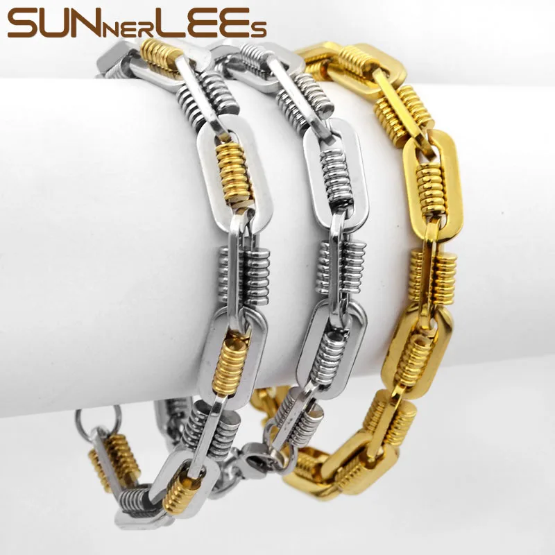 

SUNNERLEES Fashion Jewelry Stainless Steel Bracelet 9mm Silver Color Gold Plated Link Chain For Men Women SC81 B