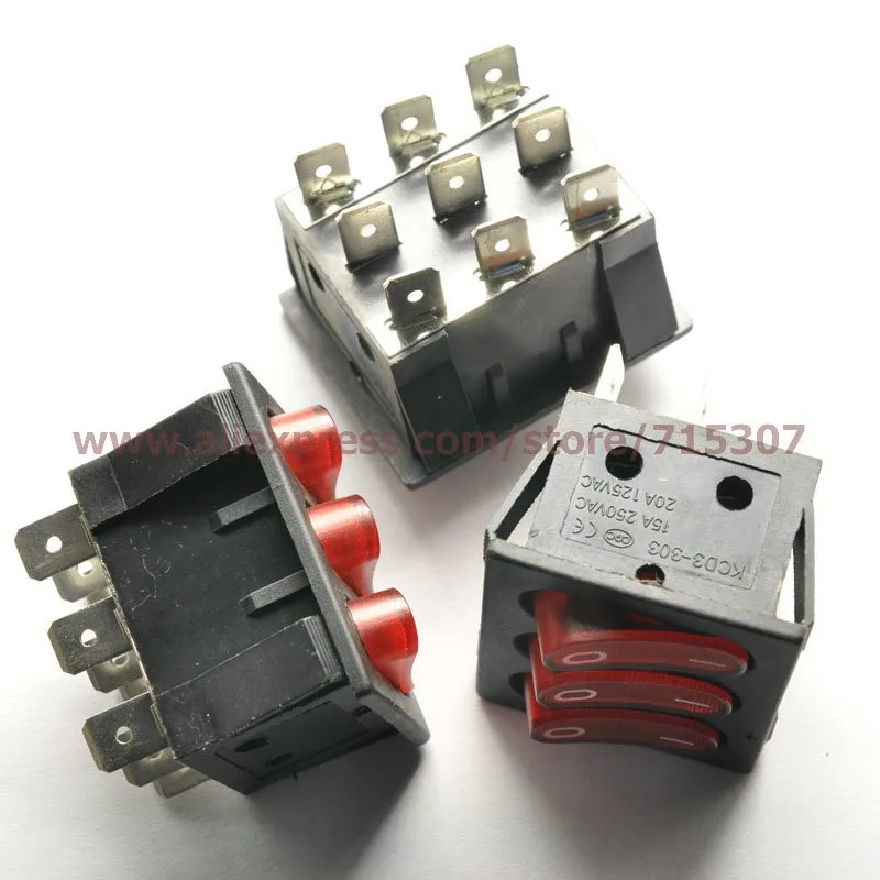 PHISCALE 5 шт./лот 9 Pin 15A 250 в красную кнопку кулисный переключатель KCD3-303 кулисный выключатель питания