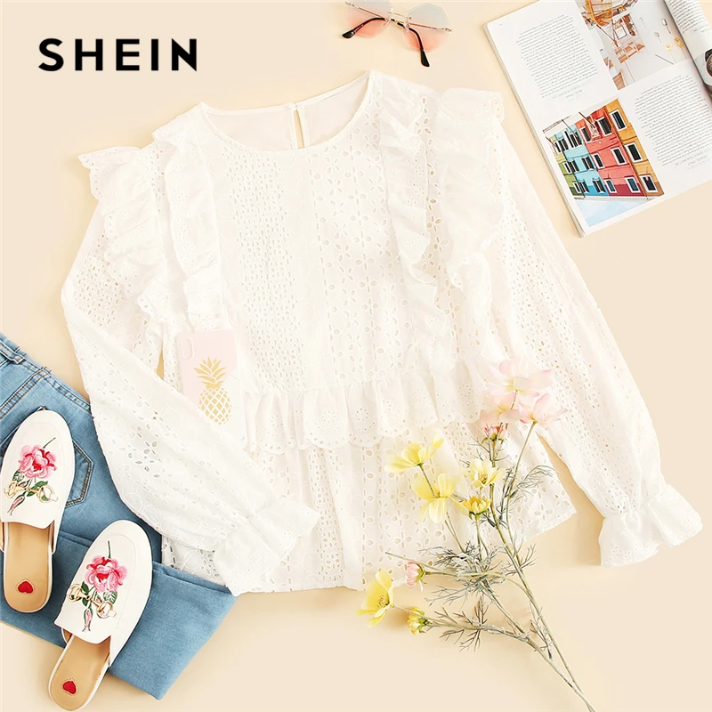 SHEIN Топ С Вышивкой И Оборкой Женская Весенняя Белая Повседневная Блузка С Длинными Рукавами И Круглым Вырезом