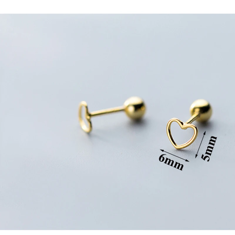 Серьги-шурупы Bridetribe Korean Small Hollow Heart из стерлингового серебра 925 для женщин, девочек и детей в минималистическом стиле с маленьким пустым сердцем.
