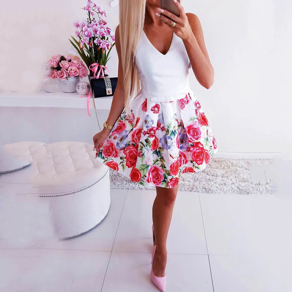 Female Fashion hot Dress casual Rose Printed Women's Summer Sexy Round Neck Waist Print vestido mujer verano | Женская одежда