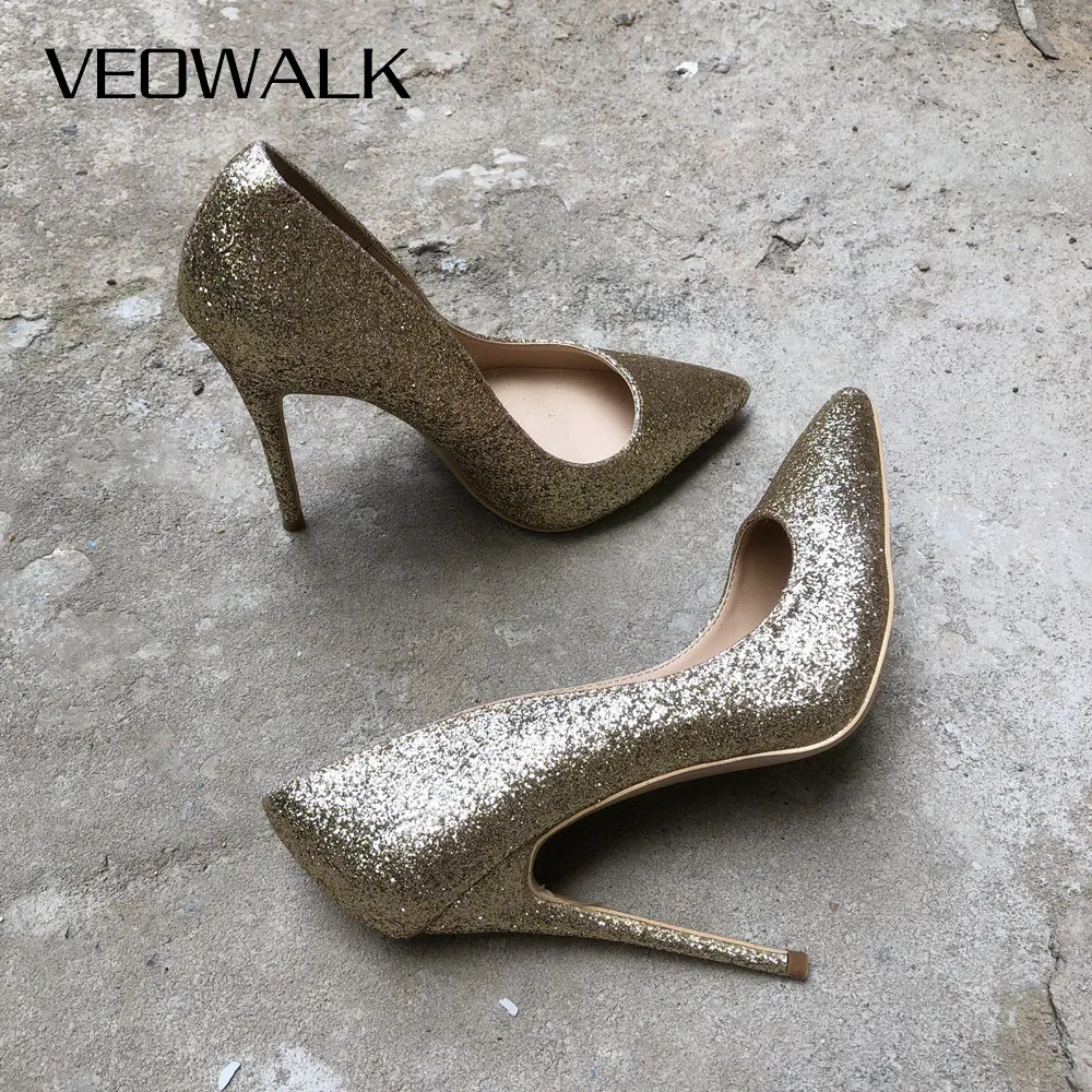 Veowalk Women Shinny Gold Pointed Toe High Heel Shoes Sexy Sparkly Laidies Slip on Stiletto Party Wedding Bridal Pumps 12 10 8cm