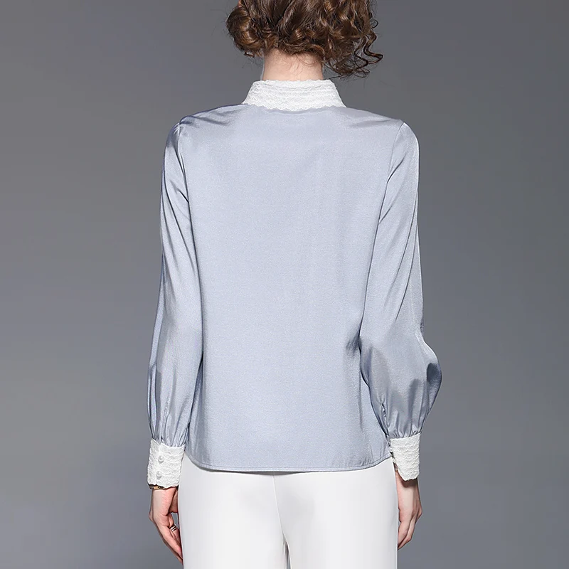 Elegant Blue-gray Lace Patchwork Pure Color Ladies Blouse Long-sleeved Temperament Women Chiffon C605 | Женская одежда