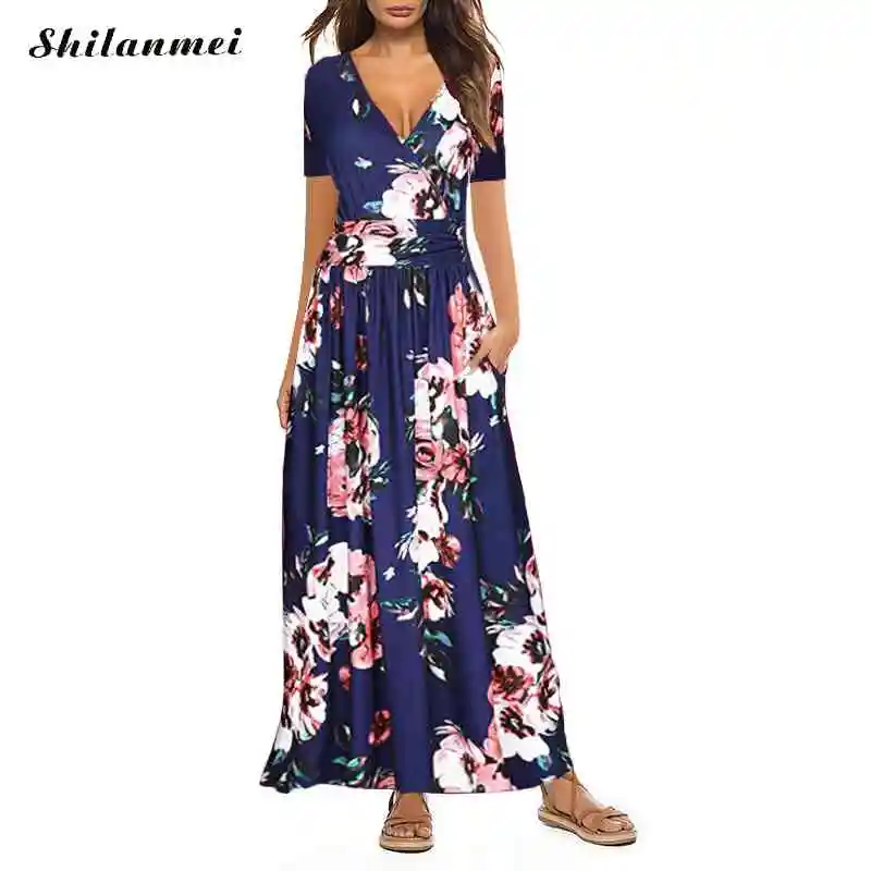

Elegant Long Party Dress New 2019 Sexy V Neck Women Short Sleeve High Waist Summer Beach Dress Pocket Fashion Female Maxi Dress