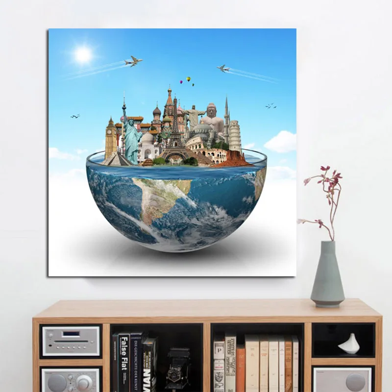 

Abstract Big Ben Eiffel Tower Famous Buildings Globe Canvas Painting Poster and Print Wall Art Wall Picture for Living Room