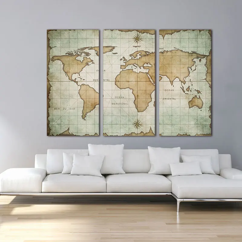 

3 Panels Vintage World Map Canvas Painting wall art Oil Panting On Canas Home Decor Wall Painting Wall Picture For Living Room