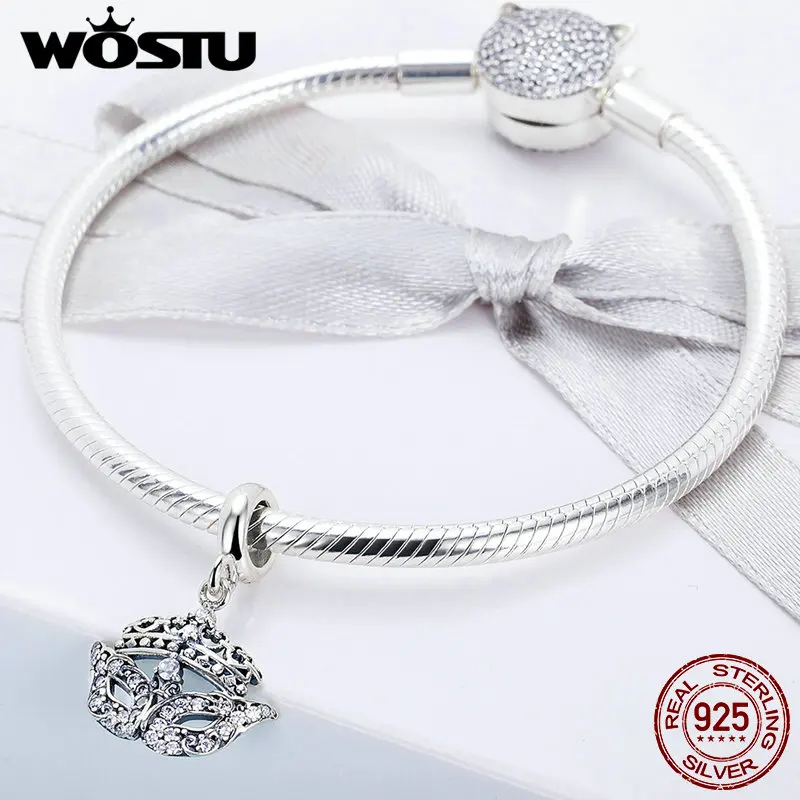 WOSTU, модный дизайн, 925 пробы, серебряная сверкающая маска, висячая подвеска, браслет из бусин, сделай сам для женщин, ювелирное изделие, FIC702