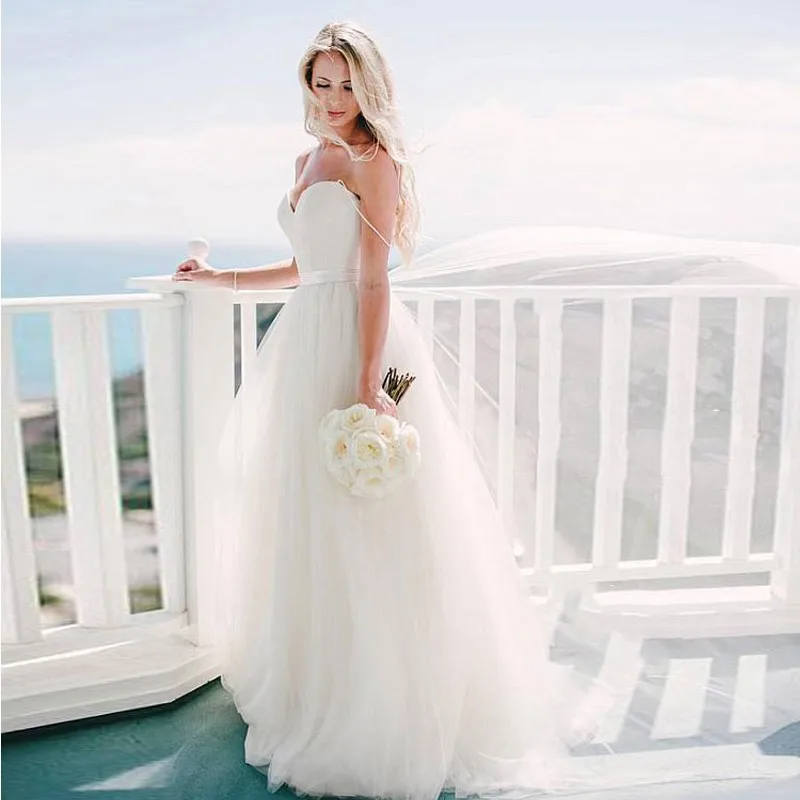 

Custom Made 2020 Spaghetti Strap Beach Dresses for Wedding Vestido Noiva Praia Simple White Tulle Casamento Princess Bridal Gown
