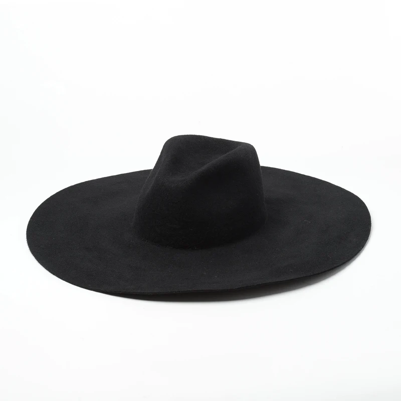 Black Шерсть 14,5 см большая шляпа с полями Fedora, женская черная/кофейная/Верблюжья джазовая шляпа, модель шоу стиль Австралийский Войлок Зимняя шляпа Fedora - Цвет: Black