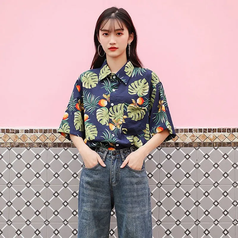 

Summer Holiday Couple Blouse Women Casual Printed Turn-down Collar Hawaiian Style Short Sleeve Loose Button Up Shirt