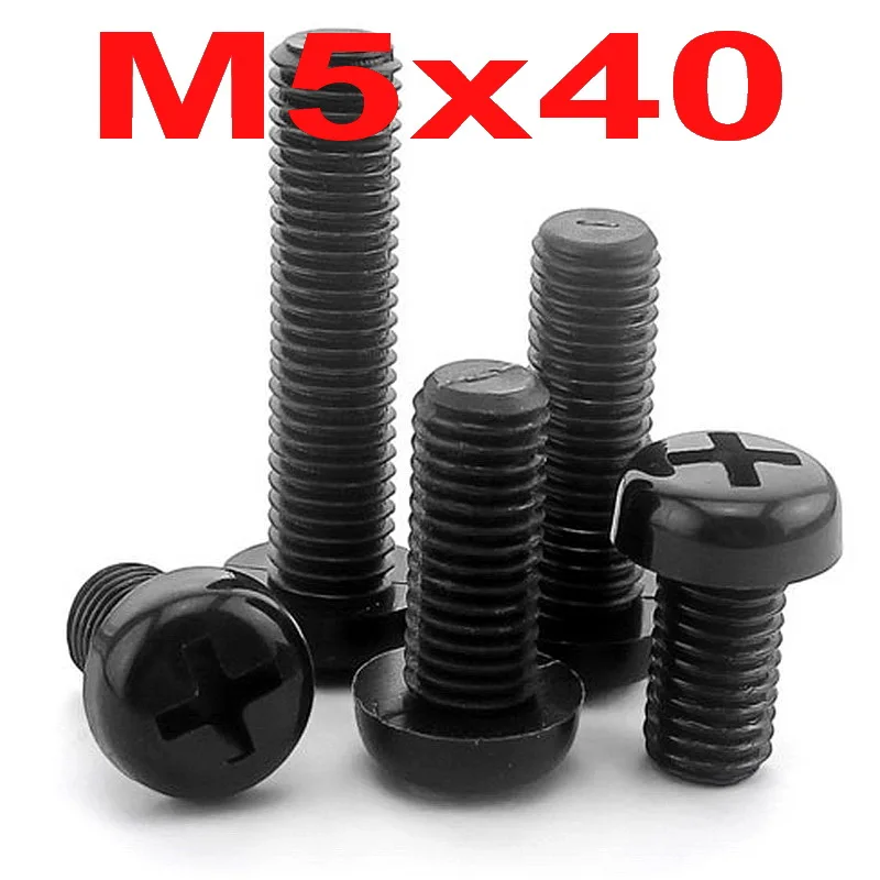 (100 шт./лот) метрический M5 x 40 мм черный нейлоновый винт с крестообразной головкой