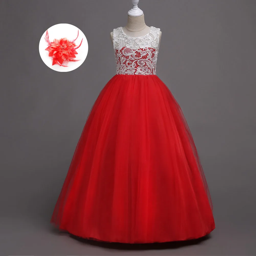 Детское кружевное вечернее платье Красное/белое/розовое/желтое/темно-синее для