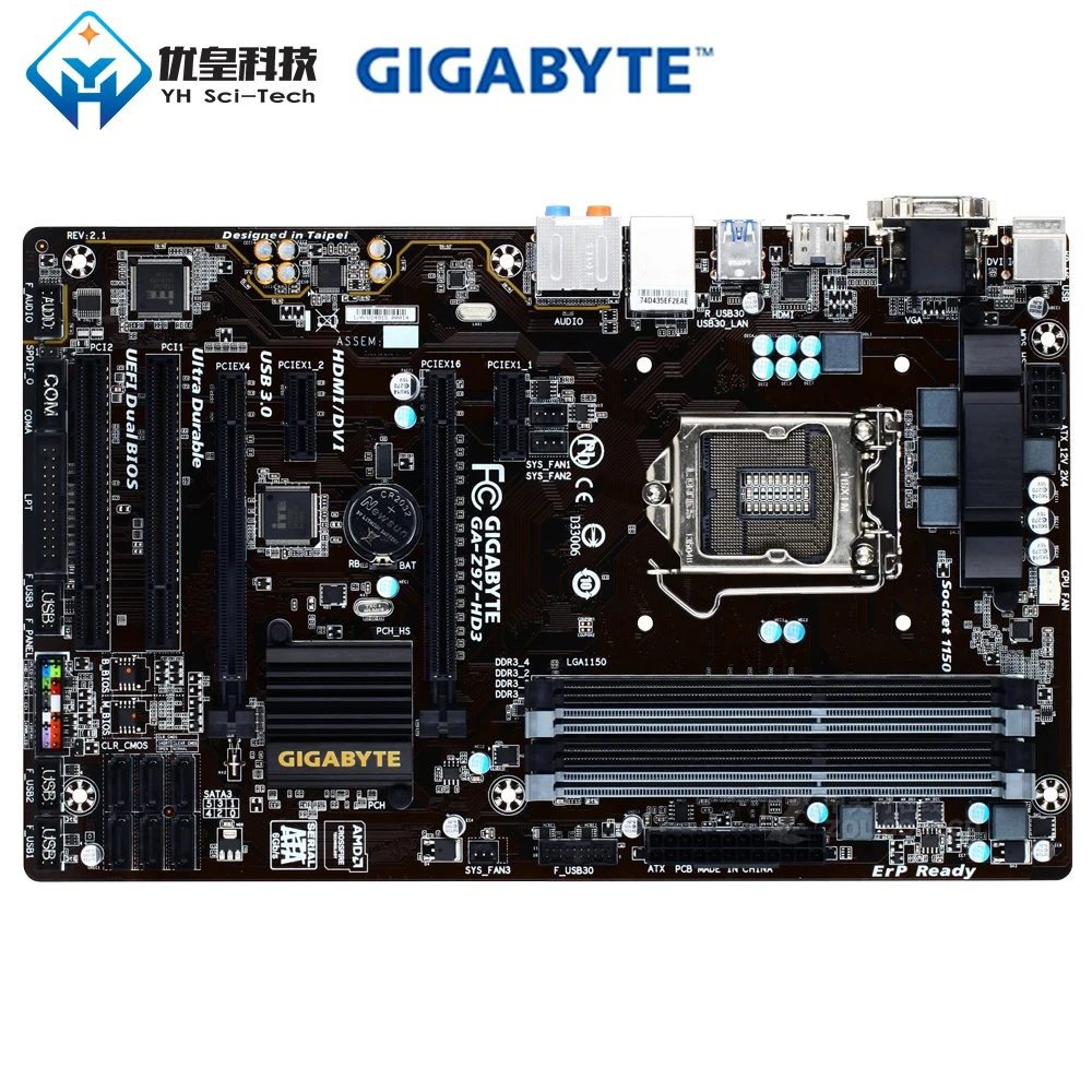 Оригинальная б/у рабочего стола материнской платы Gigabyte GA-Z97-HD3 Z97 LGA 1150 Corei7 i5 i3 DDR3 32G SATA3 USB3.0 HDMI VGA DVI PCI-E 3,0 блок питания ATX