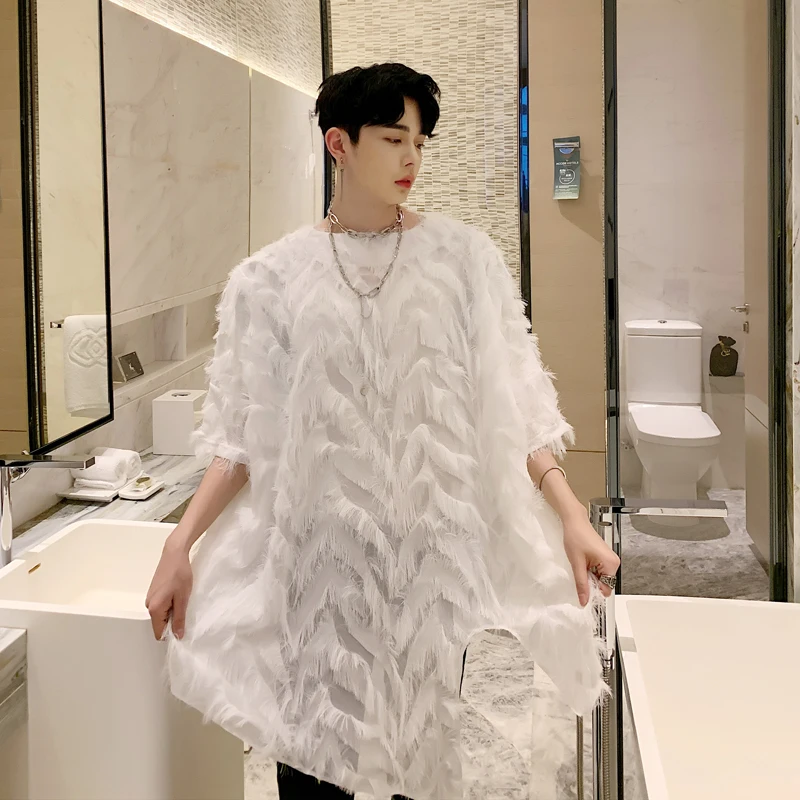 Мужские летние черные белые перьевые негабаритные Длинные футболки сексуальные открытые для ночного клуба сценический костюм мужские хип хоп сетчатые футболки