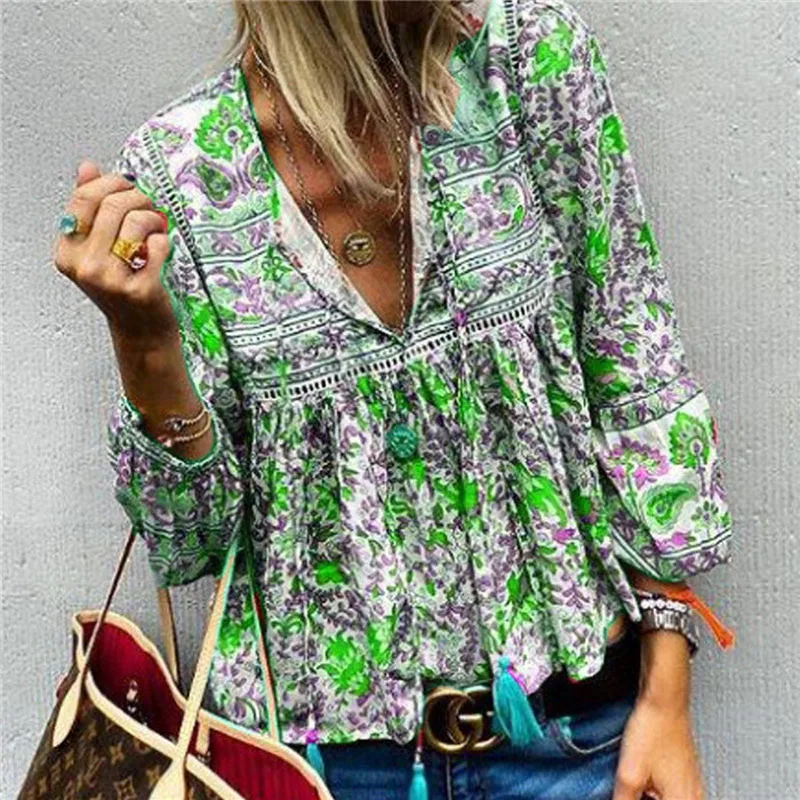 ELSVIOS летние кружевные лоскутные ретро рубашки сексуальный пуловер с v-образным