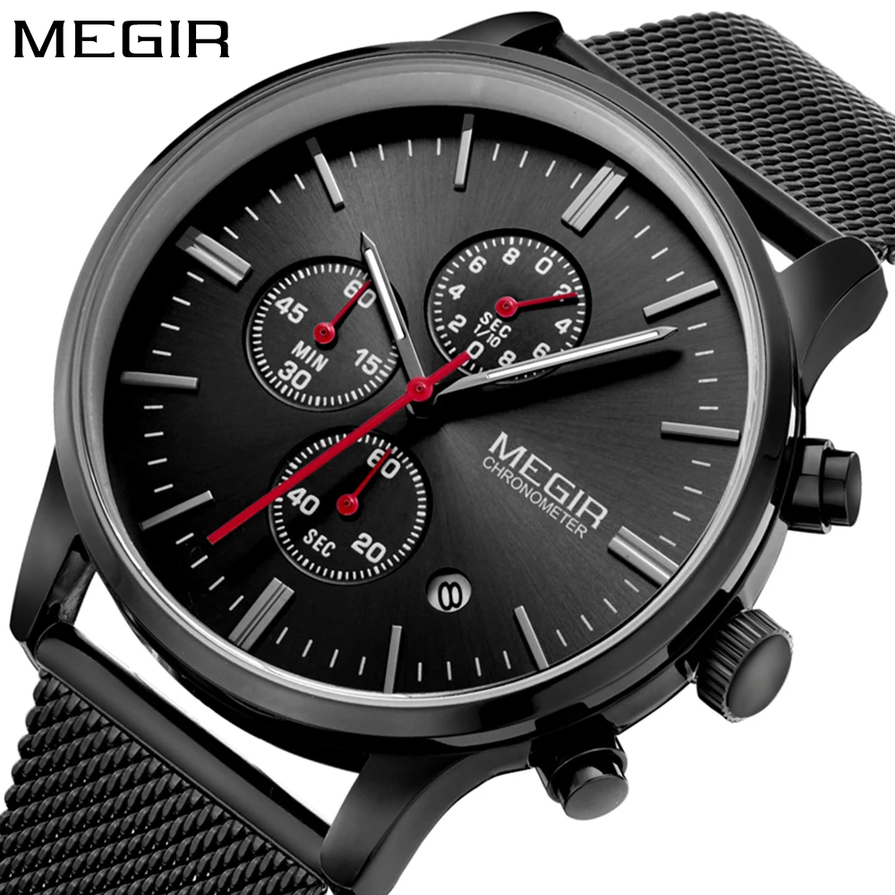 Megir золото серебро черный сетчатым Для мужчин Нержавеющая сталь Montre Homme мужской