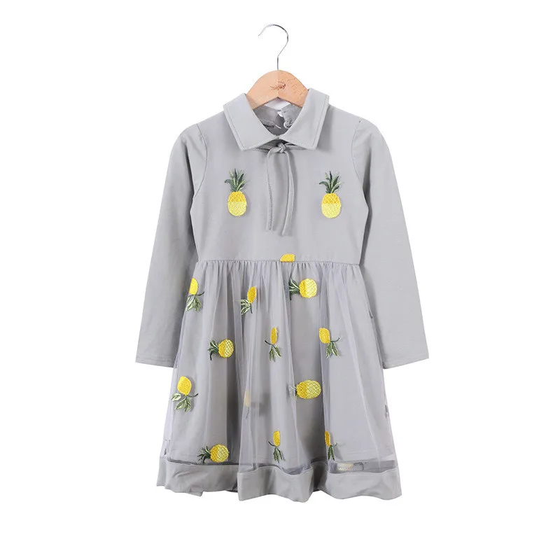 Autumn Pineapple Print Girl Dress Long-Sleeve Cartoon Design Girls Birthday Kids Clothes Princes Party | Детская одежда и обувь