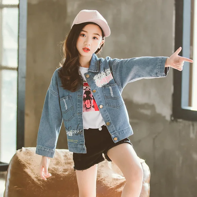 Rlyaeiz Kids Denim Girl's Jacket Coat 2019 Spring Fashion Printed Casual Water Washing Children Girls Jeans Jackets For 5-13Y | Детская