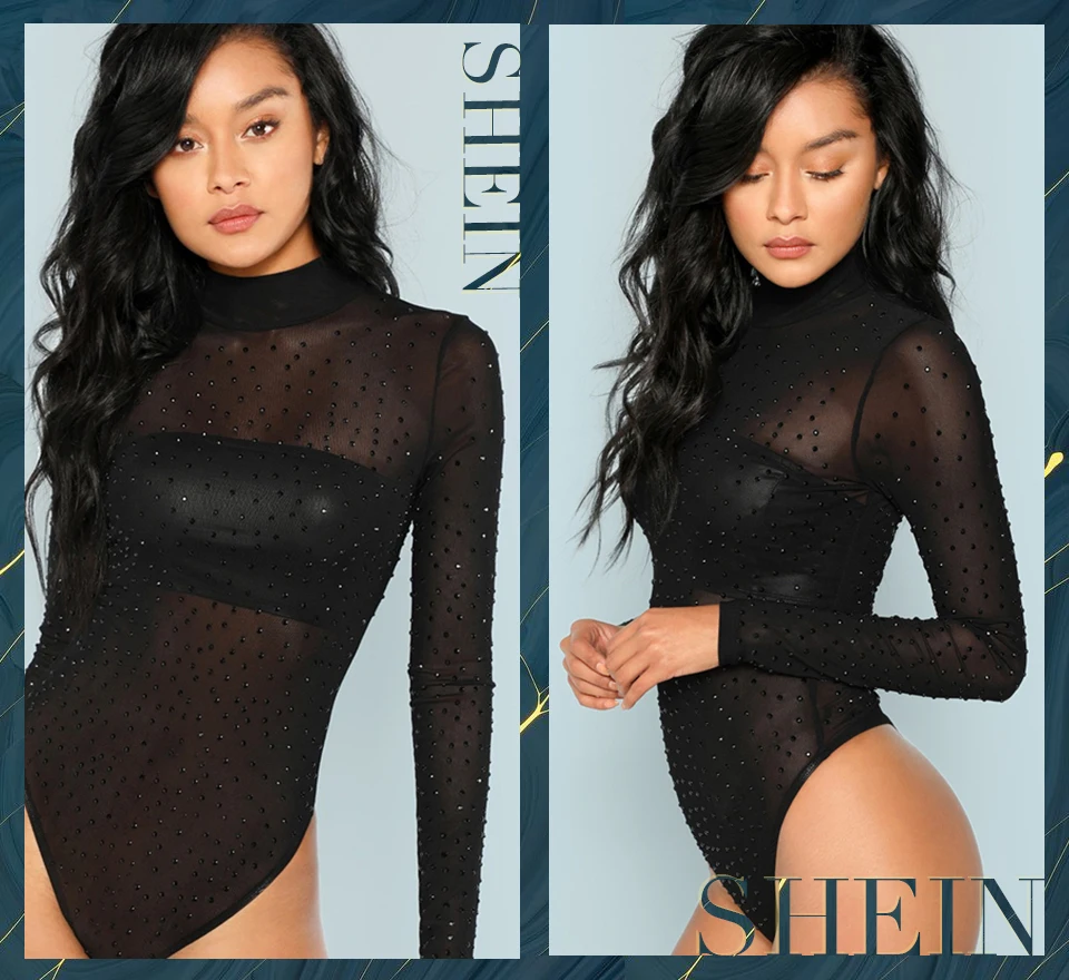 SHEIN Прозрачное Сетчатое Боди С Длинным Рукавом, Нарядное Боди С Блестками, Элегантное Полупрозрачное Боди