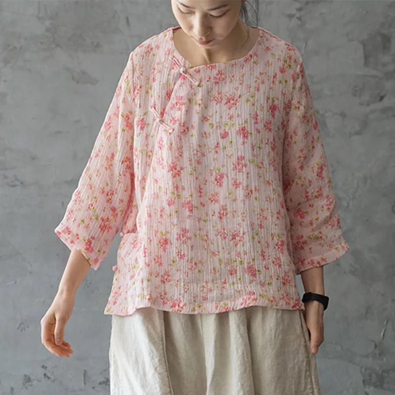 Pink SCUWLINEN Для женщин топы Zen в китайском стиле сладкий розовый Цветочный принт три четверти рукав жатый рами блузка для Для женщин P073 - Цвет: Pink