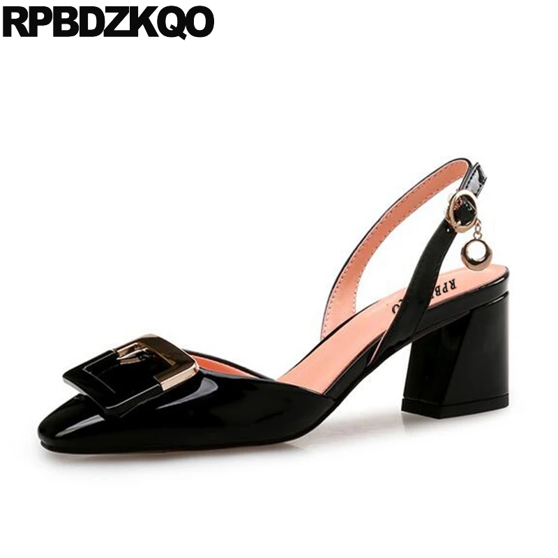 Известный Slingback высокие каблуки Квадратный носок Размер 33 женская обувь размер 45 11 43 средний сандалии насосы обнаженный Каблук Плюс ремень лакированная кожа марка мода китайская новая Китай Лето