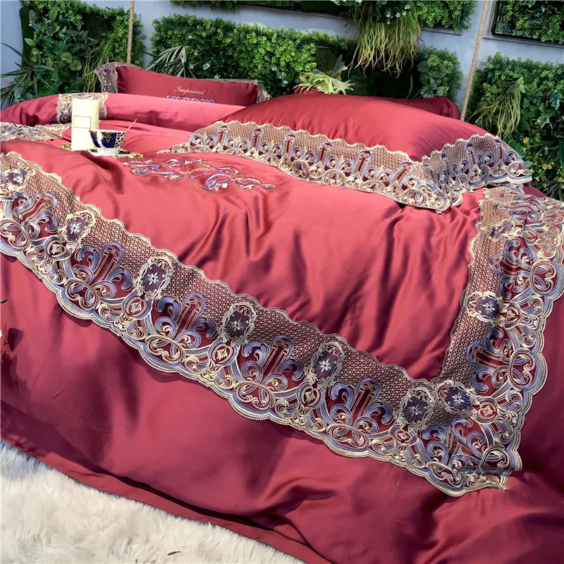 Красное вино Роскошная вышивка 100S Tencel Шелковый Свадебный Комплект постельного