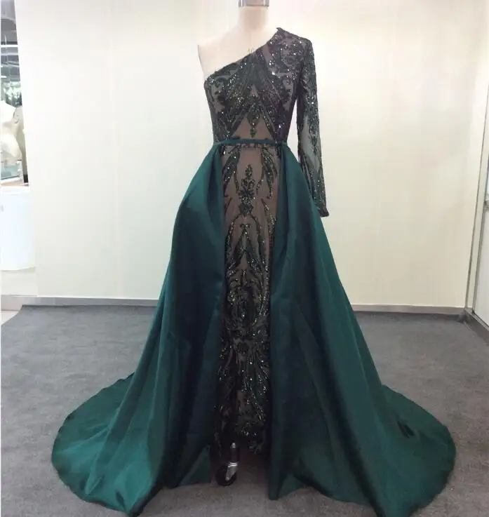 one shoulder С длинными рукавами, комплект из 2 предметов, платье в изумрудно-зеленый, на выпускной платье Стиль 1705 со съемной юбкой Саудовская Аравия, с блестками, вечерние платья - Цвет: one shoulder