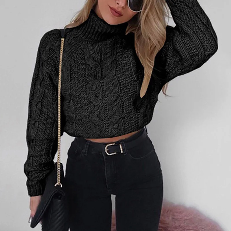 Женский трикотажный короткий свитер черный с высоким воротом Прямая поставка 2019