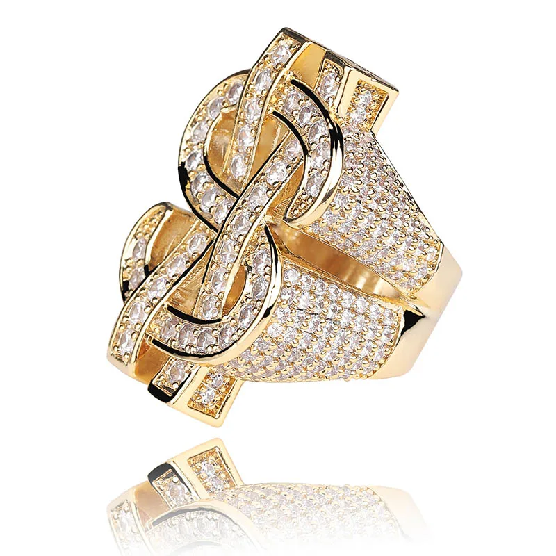 Gold TOPGRILLZ Мода Рок Iced Out Bling Золото Серебро Цвет Доллар США знак кольца AAA кубический циркон хип хоп кольцо для мужчин ювелирные изделия - Цвет основного камня: Gold