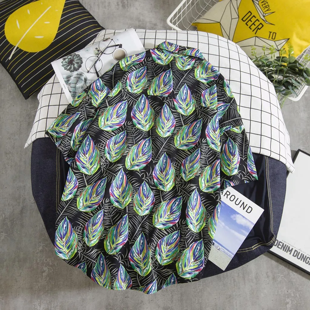 Модные рубашки с принтом листьев для мужчин повседневные свободные короткие