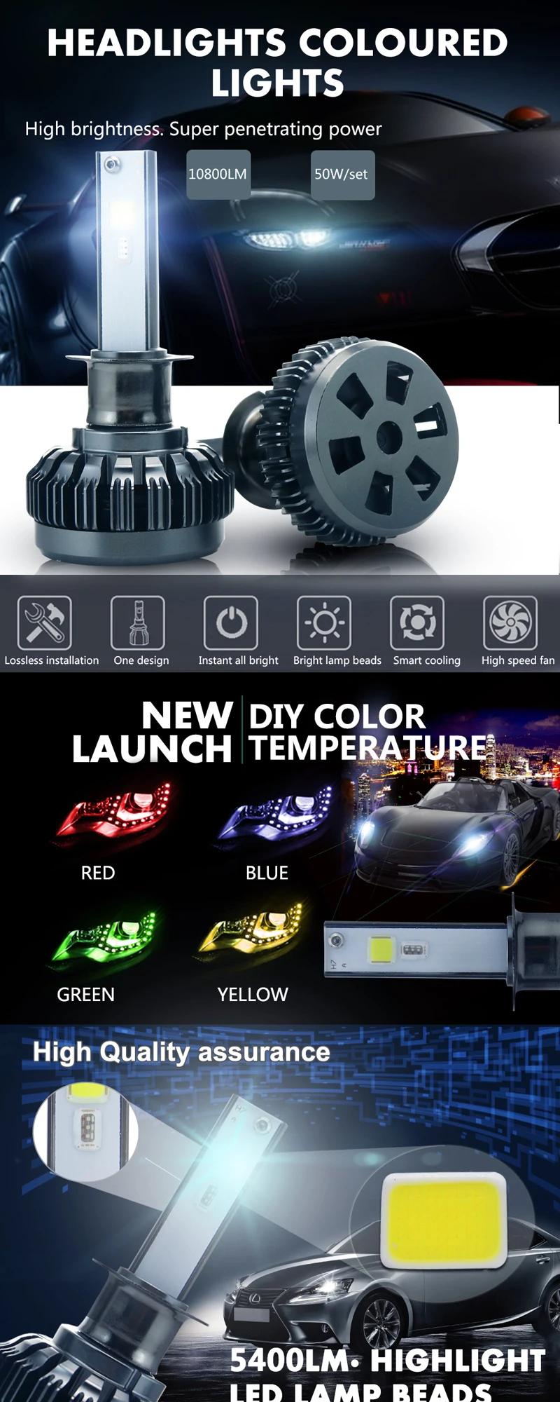 Elglux автомобиля RGB светодиодный фар H1 H3 H4 H7 H8/H11 9005 9006 880 9012 5202 светодиодный лампы приложение Bluetooth Управление многоцветные 50 Вт 10800LM