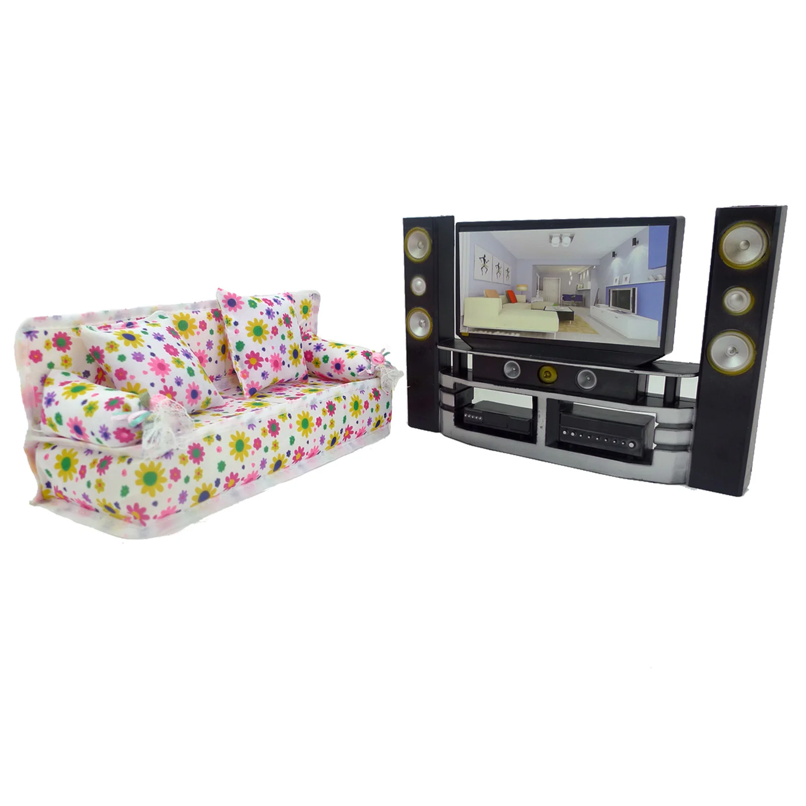 Семейная мебель для гостиной 1x1: 6 hi-fi ТВ шкаф комплект+ 1x ткань диван+ 2x Подушки аксессуары для Барби FR Kurhn кукла игрушка
